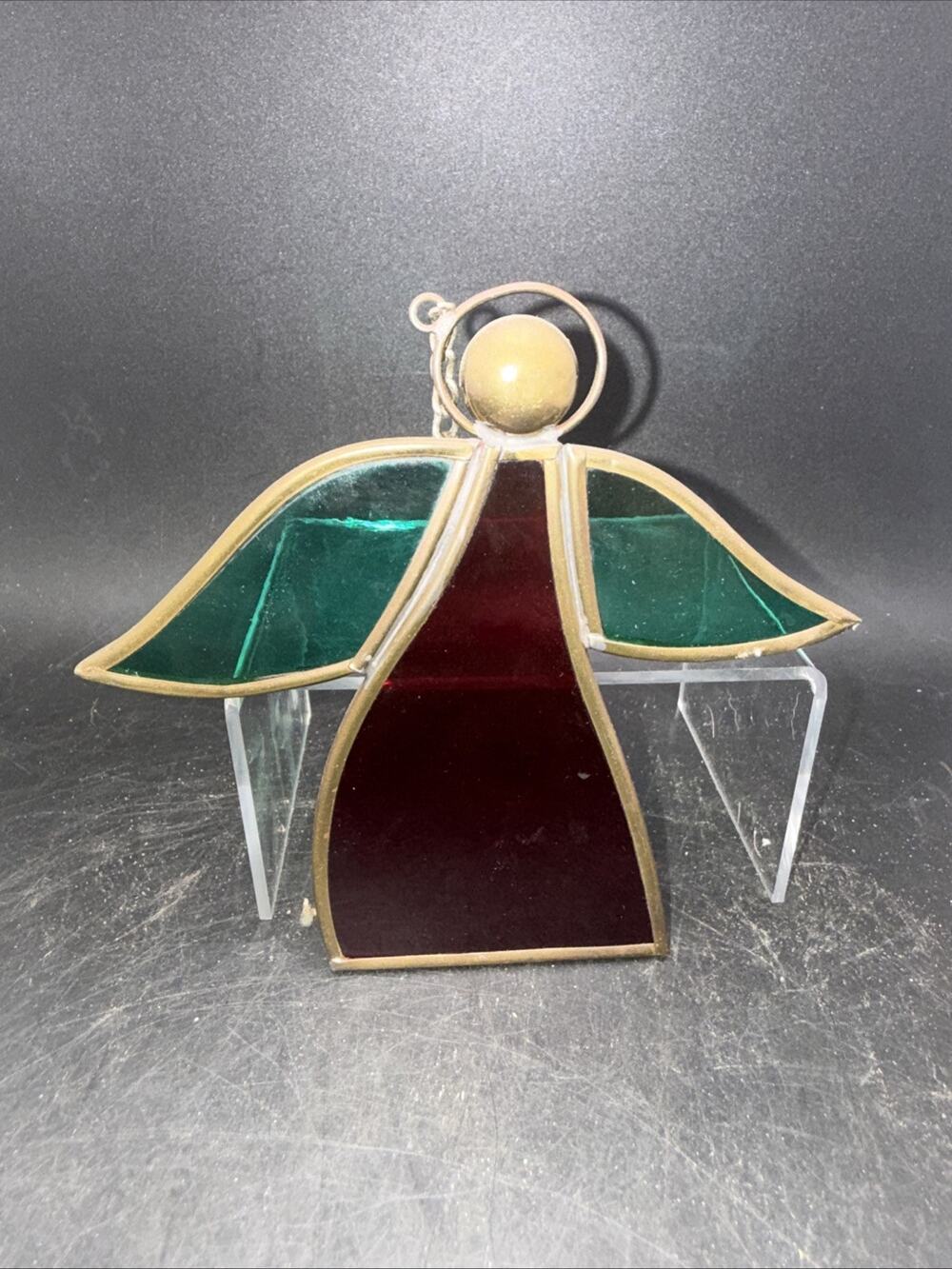 Stained Glass Angel Suncatcher Red Green Christmas Window Hanging Decor